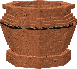 A medieval-style clay vessel with rope detailing, designed as a decorative or storage prop for village and crafting areas.